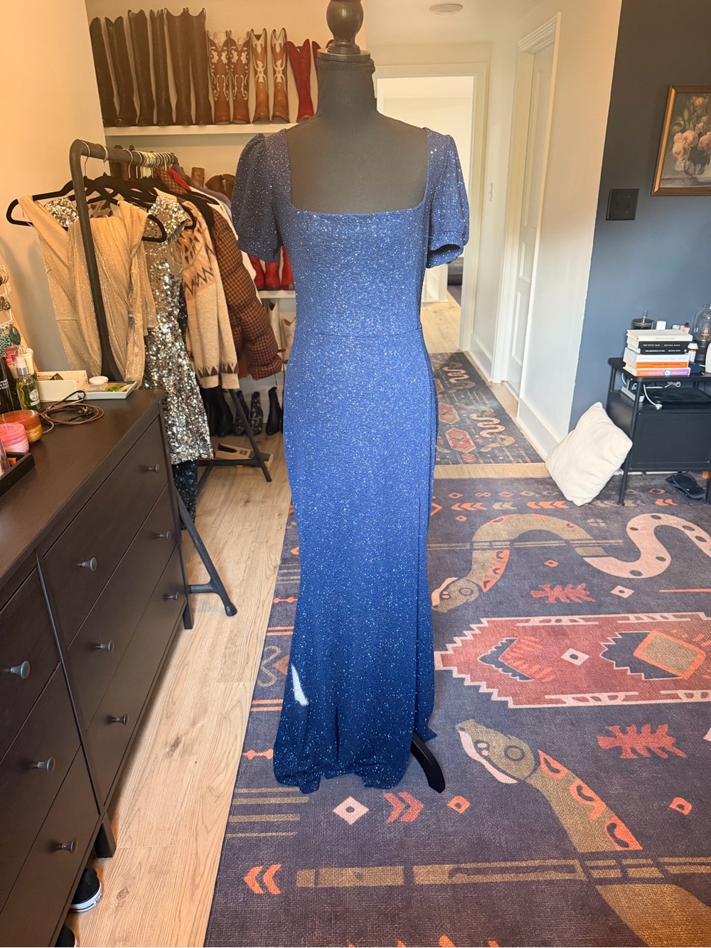 Windsor Navy Sparkle Square-Neck Maxi Dress